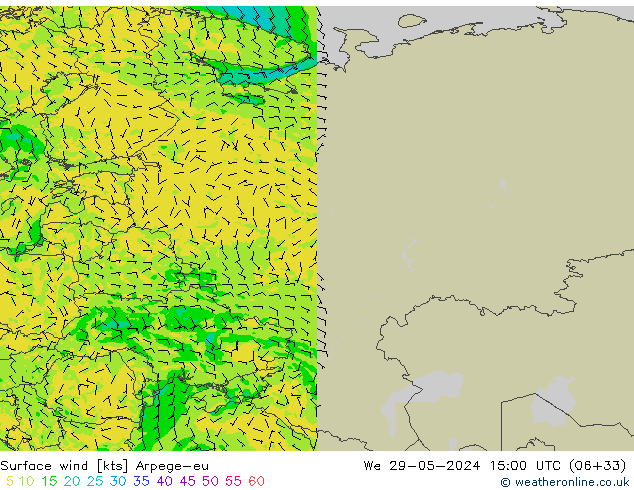 Vent 10 m Arpege-eu mer 29.05.2024 15 UTC