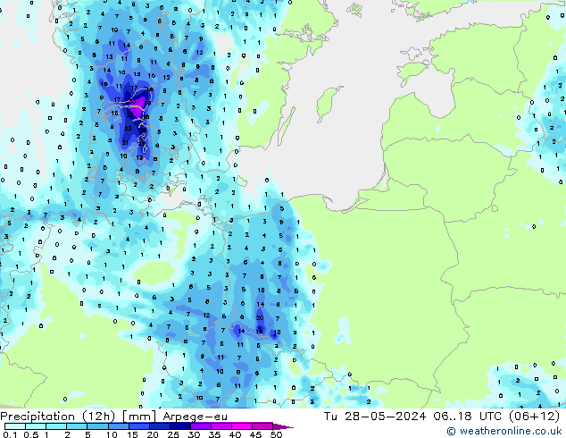 Precipitation (12h) Arpege-eu Tu 28.05.2024 18 UTC