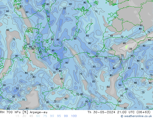 RH 700 hPa Arpege-eu Th 30.05.2024 21 UTC