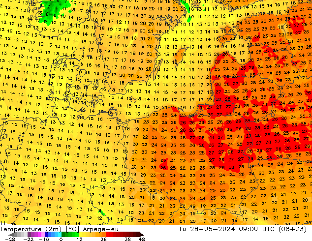 Temperaturkarte (2m) Arpege-eu Di 28.05.2024 09 UTC