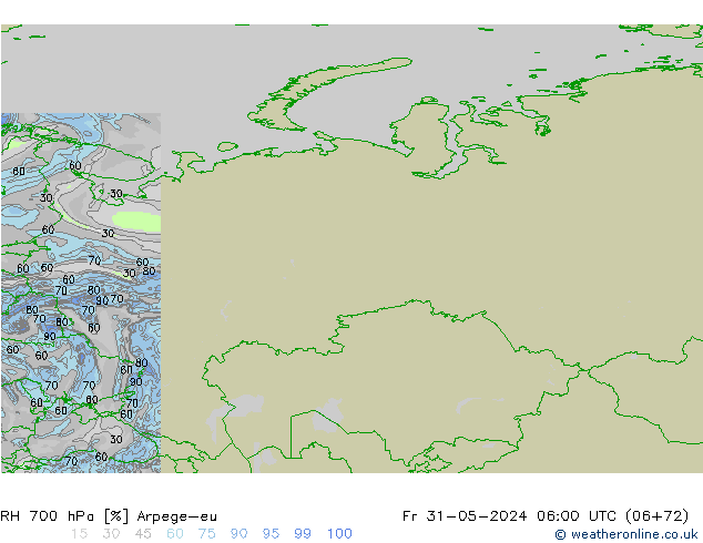 RH 700 гПа Arpege-eu пт 31.05.2024 06 UTC