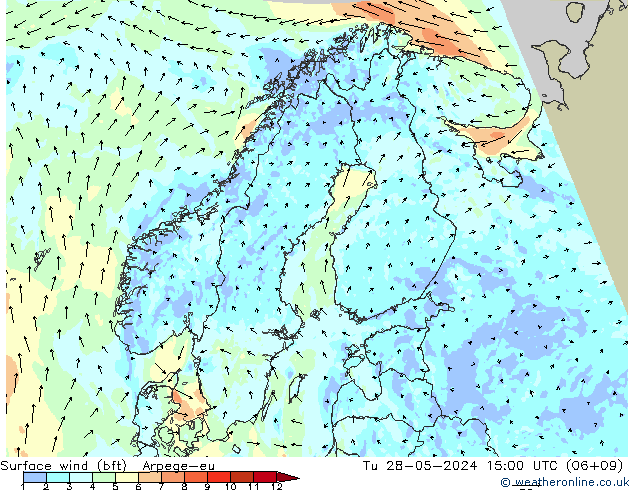 Wind 10 m (bft) Arpege-eu di 28.05.2024 15 UTC