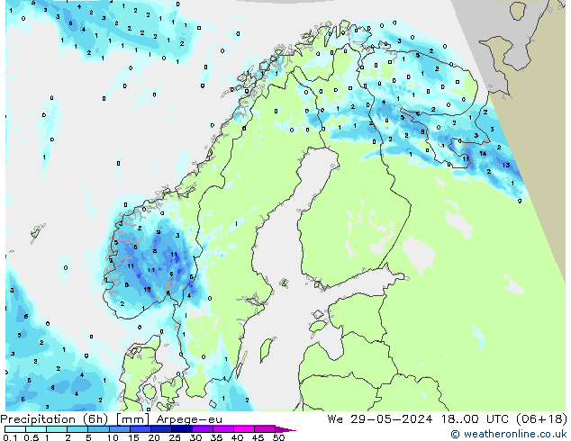 Precipitación (6h) Arpege-eu mié 29.05.2024 00 UTC