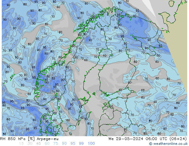 RH 850 hPa Arpege-eu We 29.05.2024 06 UTC