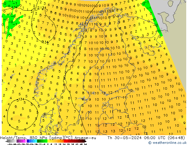 Height/Temp. 850 hPa Arpege-eu Th 30.05.2024 06 UTC