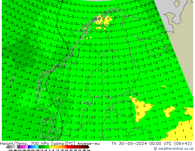 Height/Temp. 700 hPa Arpege-eu gio 30.05.2024 00 UTC