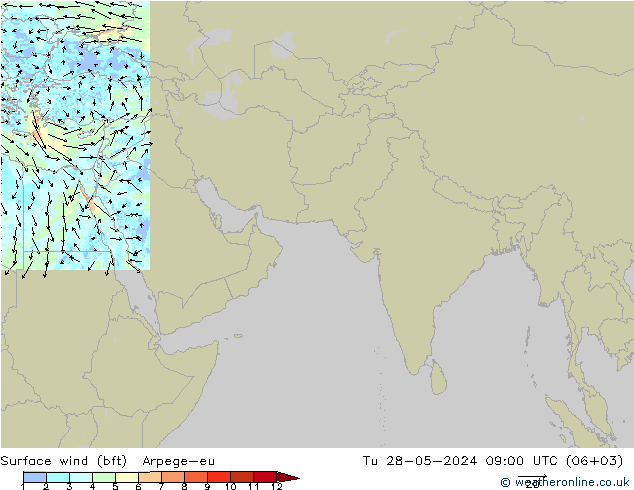 Surface wind (bft) Arpege-eu Tu 28.05.2024 09 UTC