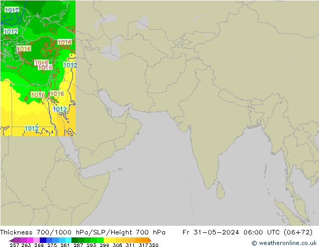 Thck 700-1000 гПа Arpege-eu пт 31.05.2024 06 UTC