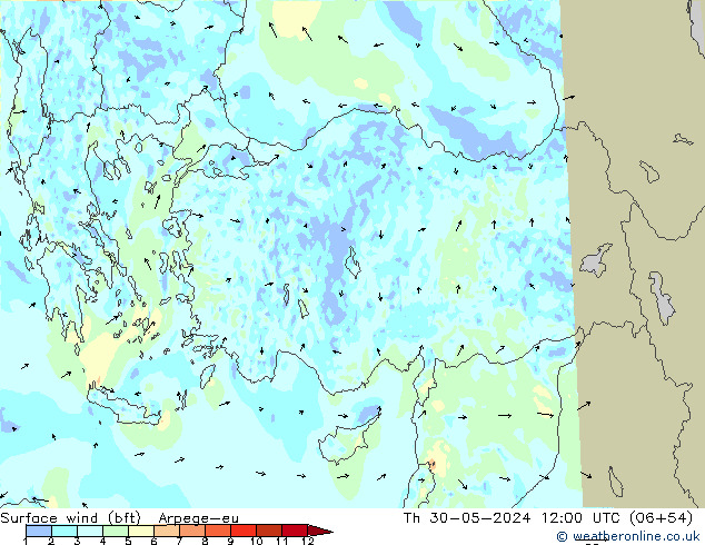 Surface wind (bft) Arpege-eu Čt 30.05.2024 12 UTC
