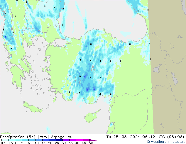 осадки (6h) Arpege-eu вт 28.05.2024 12 UTC