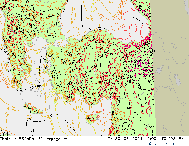 Theta-e 850hPa Arpege-eu Čt 30.05.2024 12 UTC