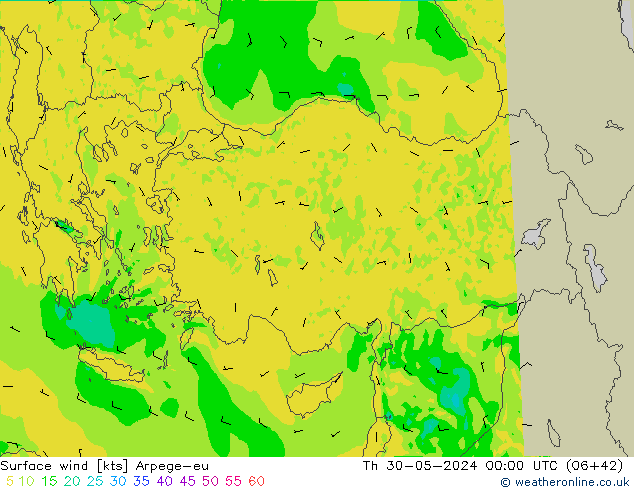 Vento 10 m Arpege-eu Qui 30.05.2024 00 UTC