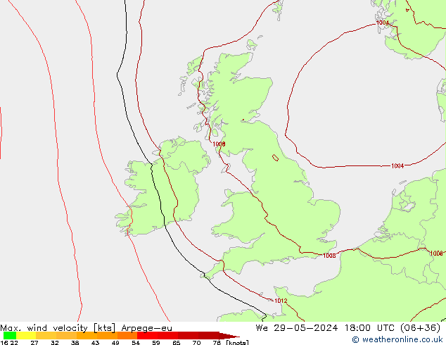 Max. wind velocity Arpege-eu ср 29.05.2024 18 UTC