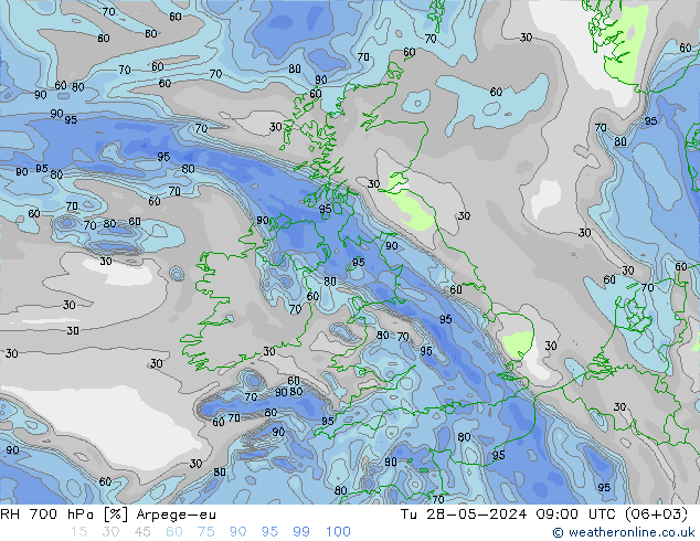 Humedad rel. 700hPa Arpege-eu mar 28.05.2024 09 UTC