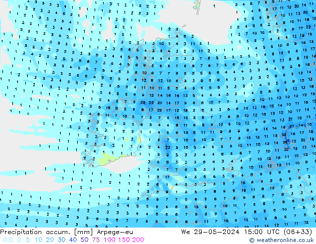 Totale neerslag Arpege-eu wo 29.05.2024 15 UTC