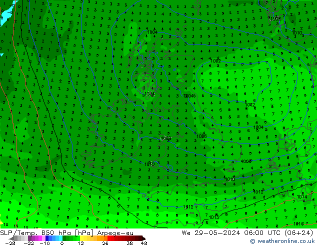 SLP/Temp. 850 hPa Arpege-eu Qua 29.05.2024 06 UTC