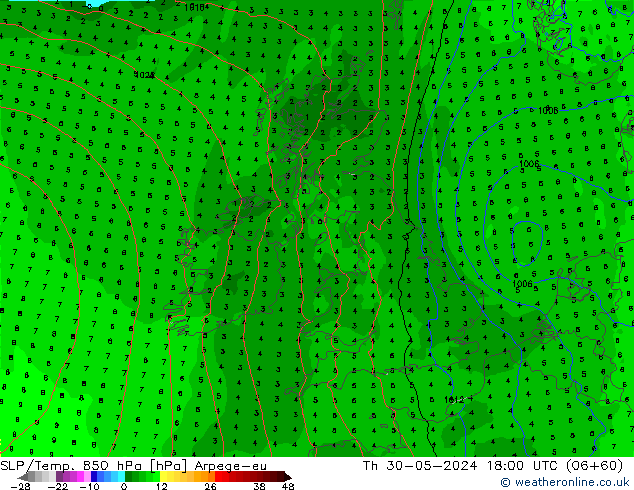 SLP/Temp. 850 hPa Arpege-eu gio 30.05.2024 18 UTC