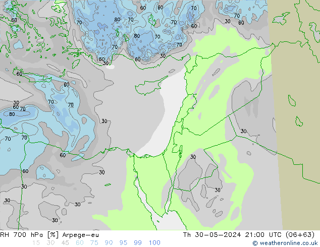 RH 700 hPa Arpege-eu Th 30.05.2024 21 UTC