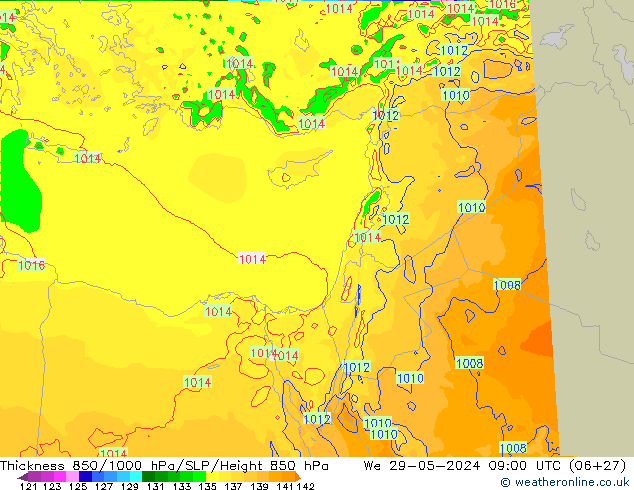 Espesor 850-1000 hPa Arpege-eu mié 29.05.2024 09 UTC