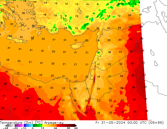 température (2m) Arpege-eu ven 31.05.2024 00 UTC