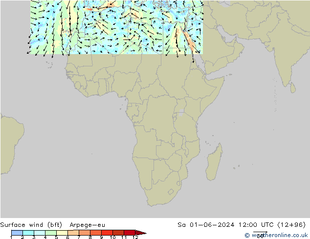 Vento 10 m (bft) Arpege-eu sab 01.06.2024 12 UTC