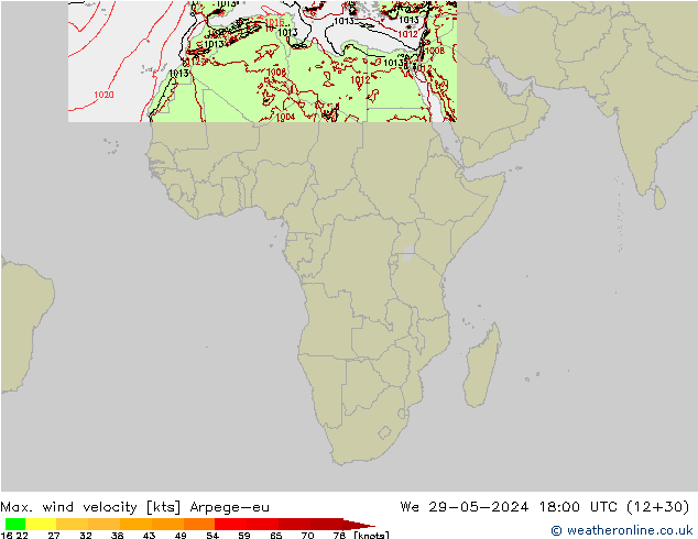 Max. wind velocity Arpege-eu mer 29.05.2024 18 UTC