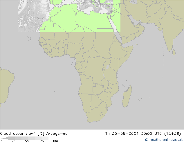 Cloud cover (low) Arpege-eu Th 30.05.2024 00 UTC