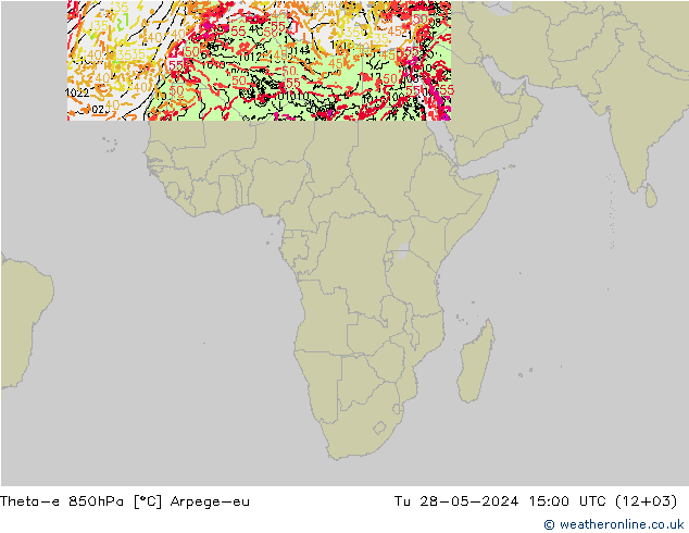 Theta-e 850hPa Arpege-eu Sa 28.05.2024 15 UTC