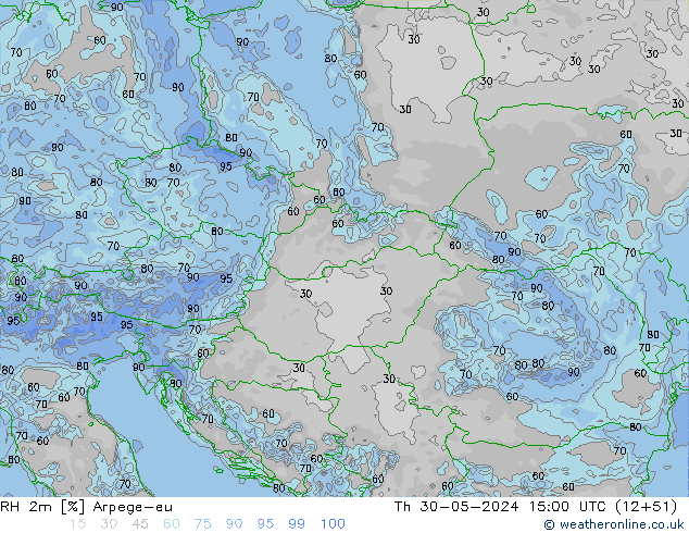 RH 2m Arpege-eu Čt 30.05.2024 15 UTC