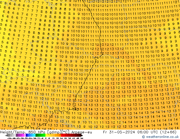 Hoogte/Temp. 850 hPa Arpege-eu vr 31.05.2024 06 UTC