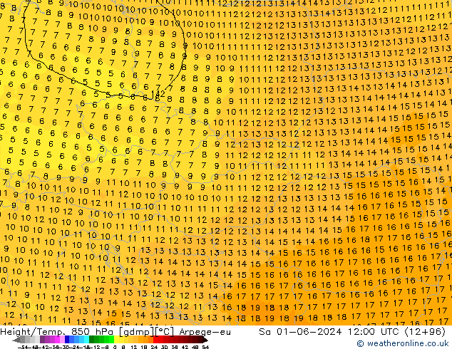 Hoogte/Temp. 850 hPa Arpege-eu za 01.06.2024 12 UTC