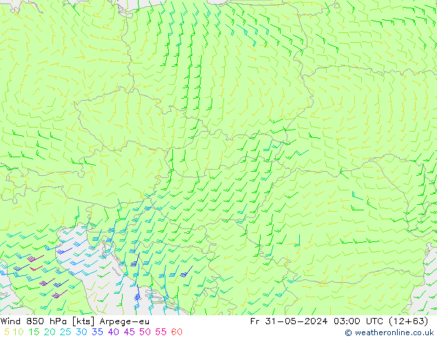 Wind 850 hPa Arpege-eu Pá 31.05.2024 03 UTC