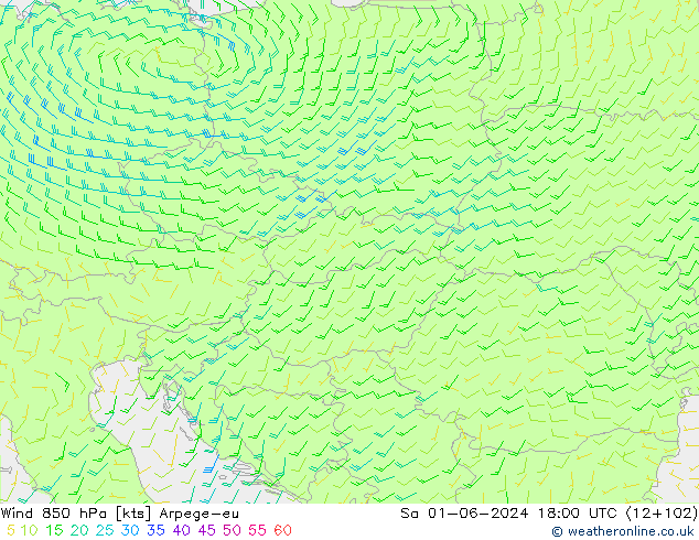 Wind 850 hPa Arpege-eu za 01.06.2024 18 UTC