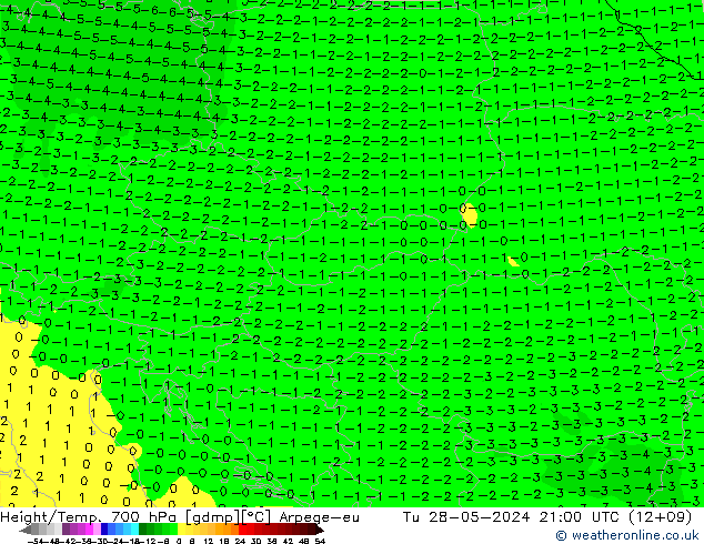 Height/Temp. 700 hPa Arpege-eu Tu 28.05.2024 21 UTC