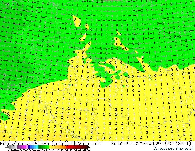 Hoogte/Temp. 700 hPa Arpege-eu vr 31.05.2024 06 UTC