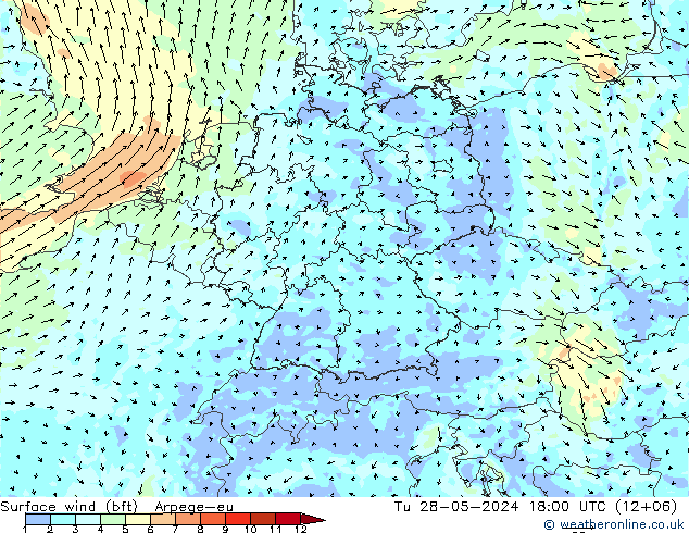 Viento 10 m (bft) Arpege-eu mar 28.05.2024 18 UTC