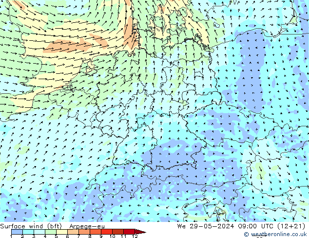 Vent 10 m (bft) Arpege-eu mer 29.05.2024 09 UTC