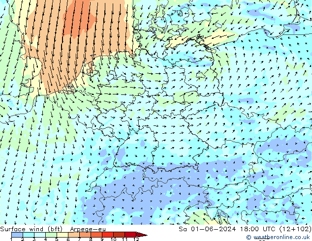 Surface wind (bft) Arpege-eu So 01.06.2024 18 UTC