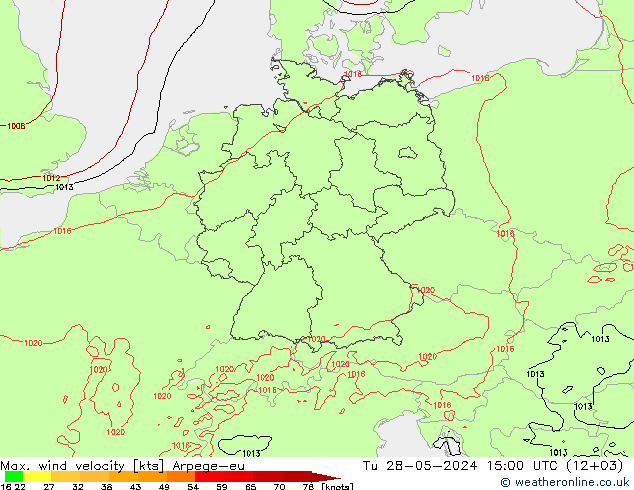 Max. wind velocity Arpege-eu Tu 28.05.2024 15 UTC