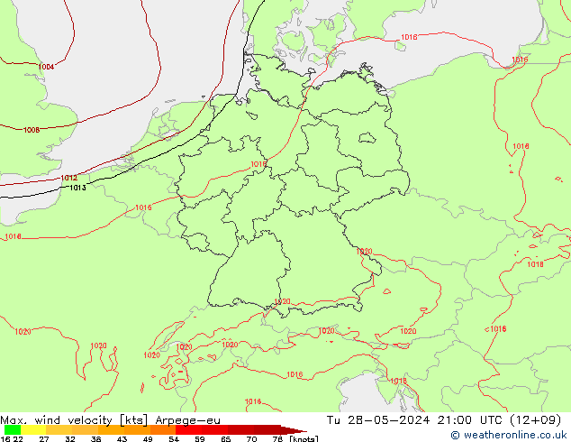 Max. wind velocity Arpege-eu Tu 28.05.2024 21 UTC