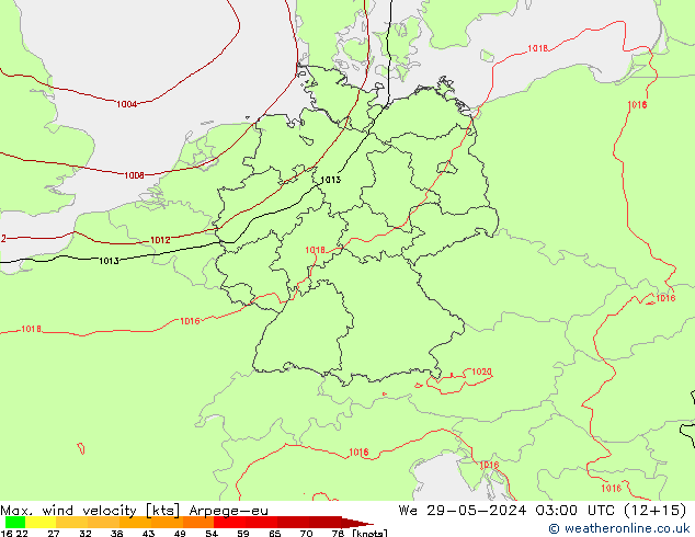 Max. wind velocity Arpege-eu mié 29.05.2024 03 UTC