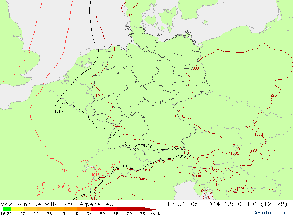 Max. wind velocity Arpege-eu ven 31.05.2024 18 UTC