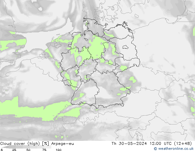 Cloud cover (high) Arpege-eu Th 30.05.2024 12 UTC