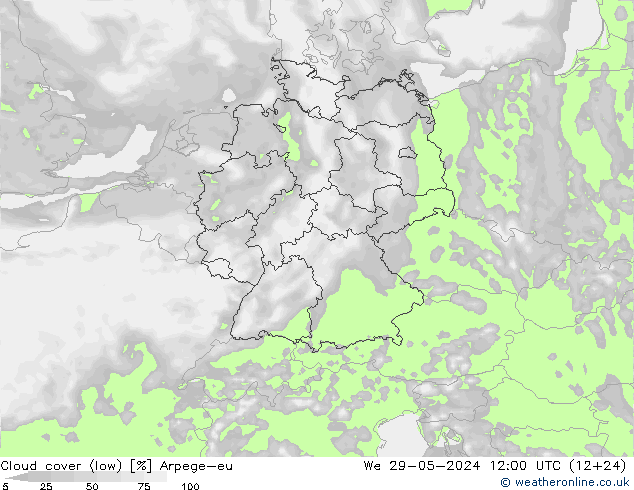 Cloud cover (low) Arpege-eu We 29.05.2024 12 UTC