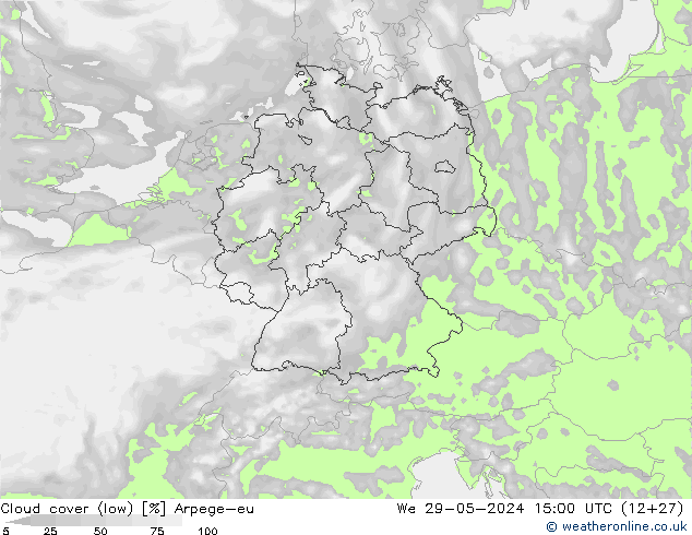 Cloud cover (low) Arpege-eu We 29.05.2024 15 UTC