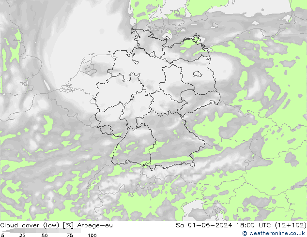 Cloud cover (low) Arpege-eu Sa 01.06.2024 18 UTC