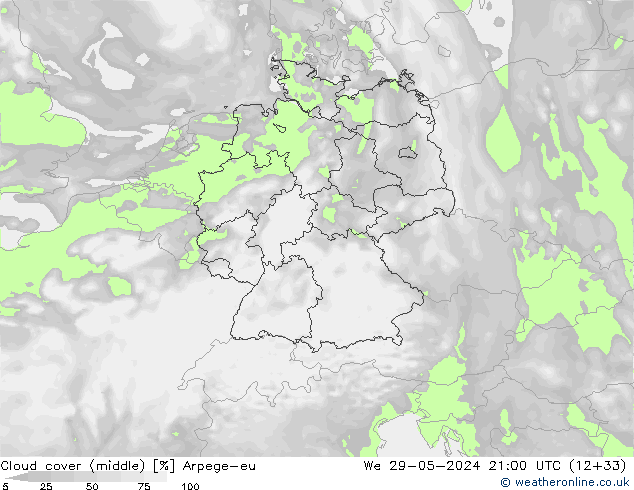 Cloud cover (middle) Arpege-eu We 29.05.2024 21 UTC