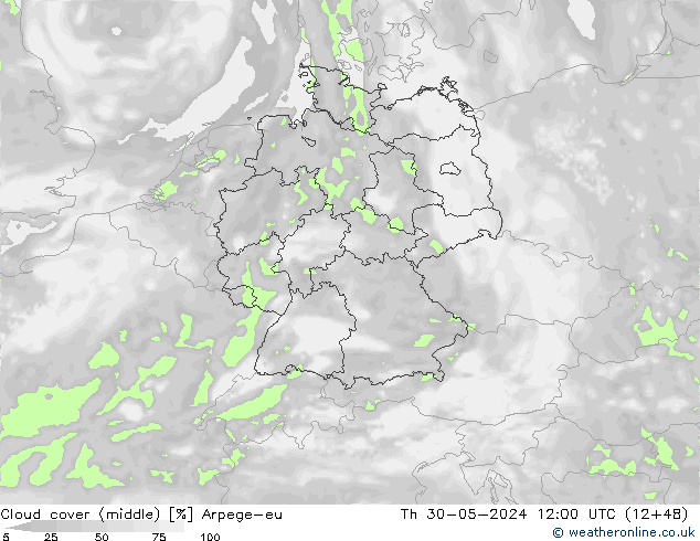 Cloud cover (middle) Arpege-eu Th 30.05.2024 12 UTC