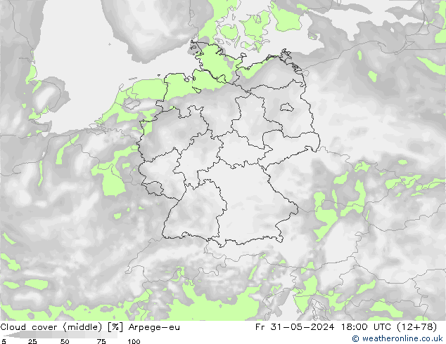 Cloud cover (middle) Arpege-eu Fr 31.05.2024 18 UTC