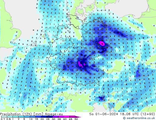 Precipitation (12h) Arpege-eu So 01.06.2024 06 UTC